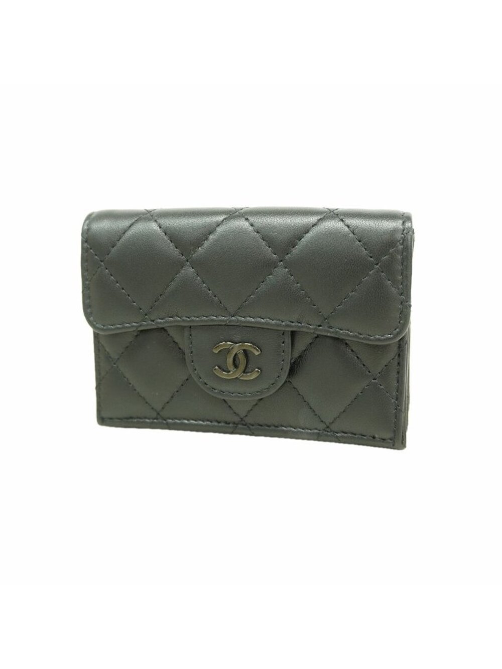 Chanel Trifold Wallet Quilted Lambskin Black Silver